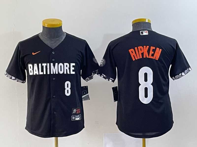 Youth Baltimore Orioles #8 Cal Ripken Jr Number Black 2023 City Connect Cool Base Stitched Jerseys